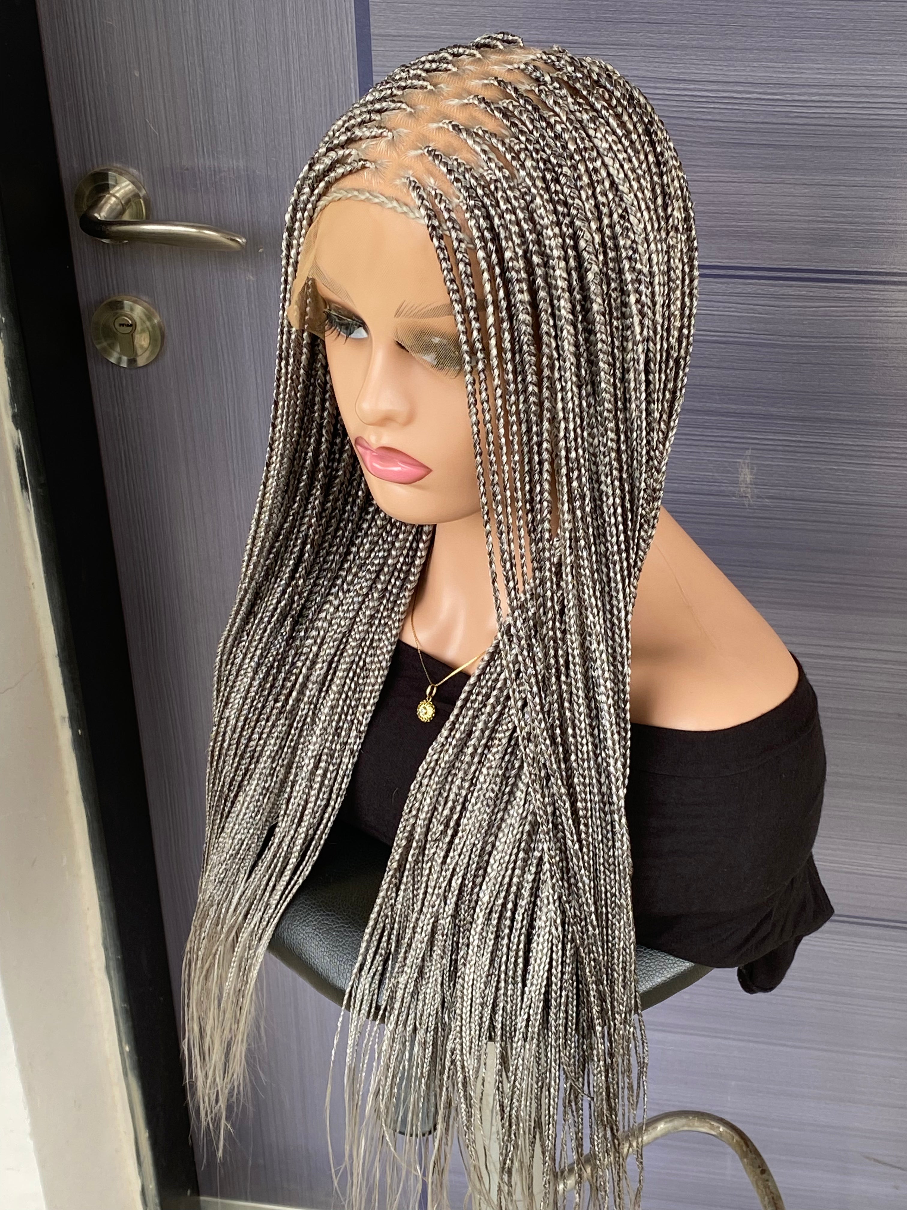 Custom Knotless Braided Wig 30” – Pebble/Black Color Full Lace Braided Wig, Glueless Box Braids, Handmade Protective Style for Black Women