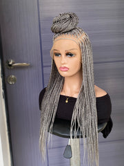 Custom Knotless Braided Wig 30” – Pebble/Black Color Full Lace Braided Wig, Glueless Box Braids, Handmade Protective Style for Black Women