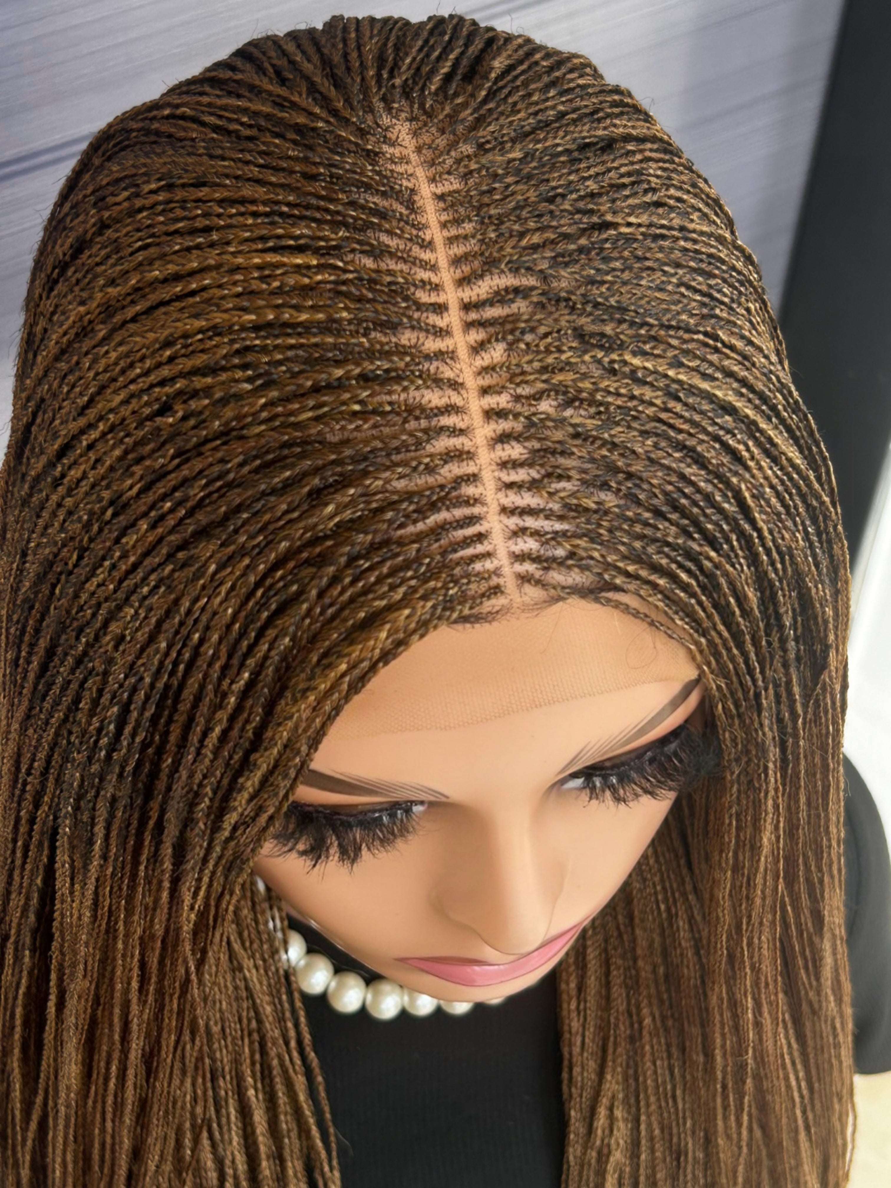 Ready to Ship 30” Micro Braid Wig In Mixed Blonde Color Braided Wig for Black Women, 6x6 Lace Frontal, Glueless Handmade Protective Style
