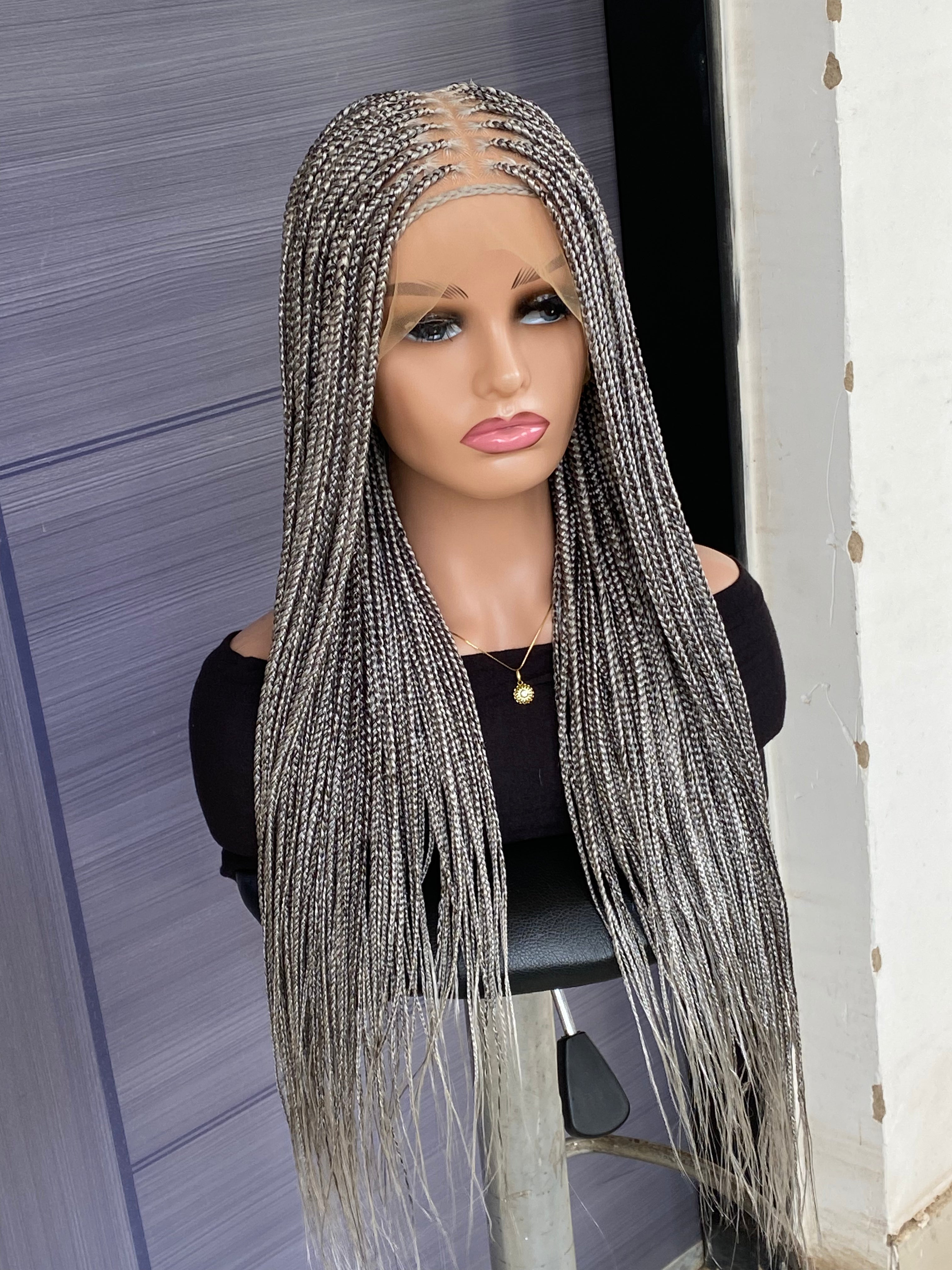 Custom Knotless Braided Wig 30” – Pebble/Black Color Full Lace Braided Wig, Glueless Box Braids, Handmade Protective Style for Black Women