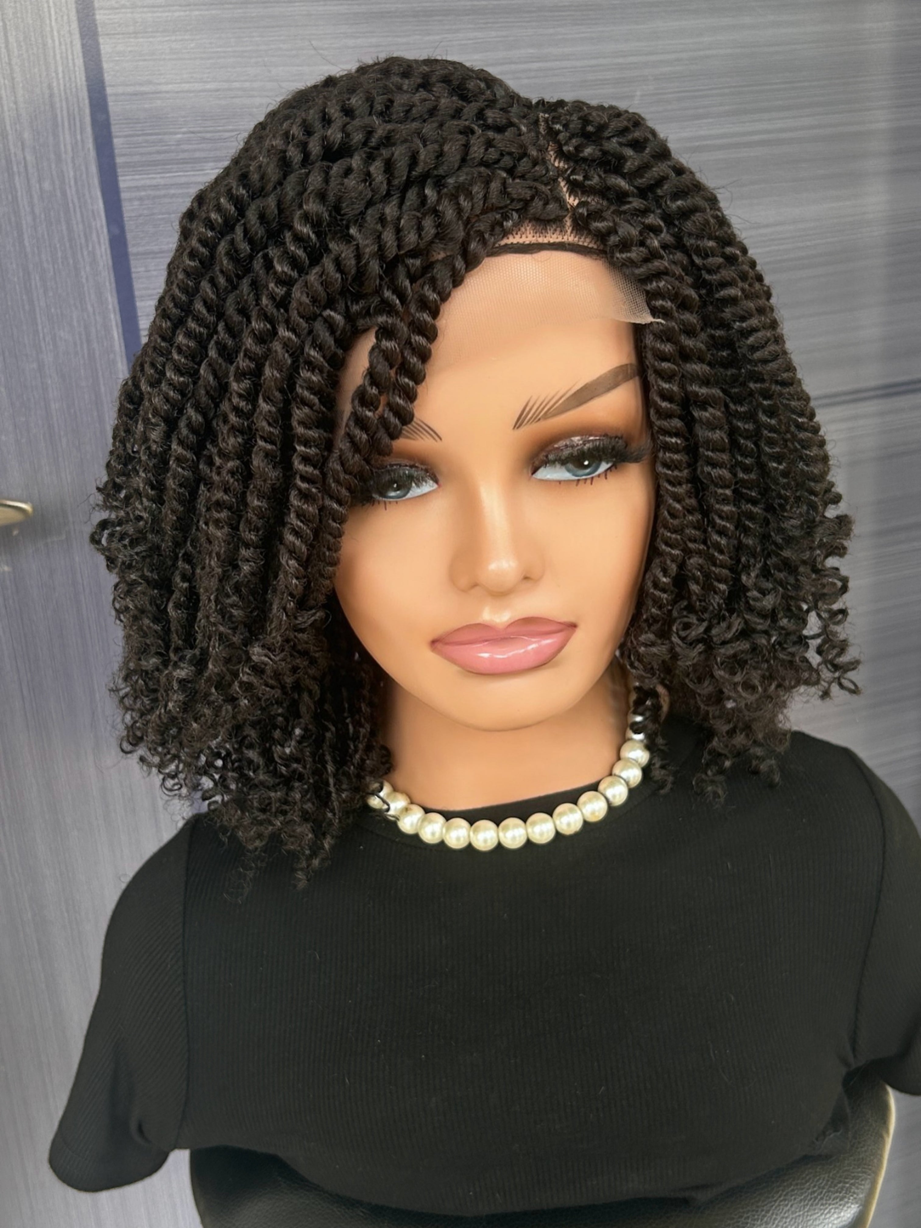 12” Kinky Twist Braided Wig – Short 6x6 Lace Front Wig for Black Women, Handmade Glueless Protective Style, Custom Colors