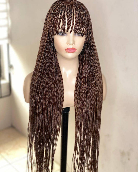 African Box Braid wigs with Bang made on a 13 by 6 Lace Front Wig Color 30, 30 Inches Long - BRAIDED WIG BOSS