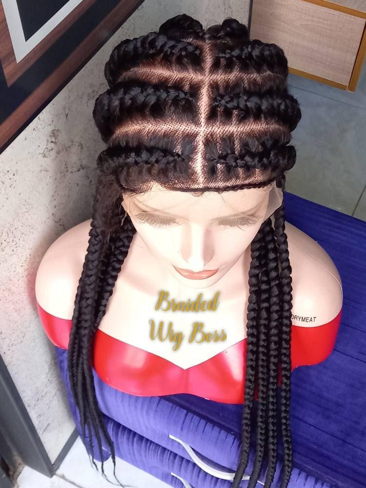 Stitch in Cornrow braided lace wig, box braid full lace wig, full lace braided wig, box braid 34 inches lace front wig, long wig, cornrow wigs for black women - BRAIDED WIG BOSS