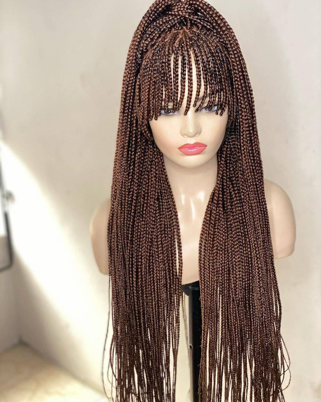 African Box Braid wigs with Bang made on a 13 by 6 Lace Front Wig Color 30, 30 Inches Long