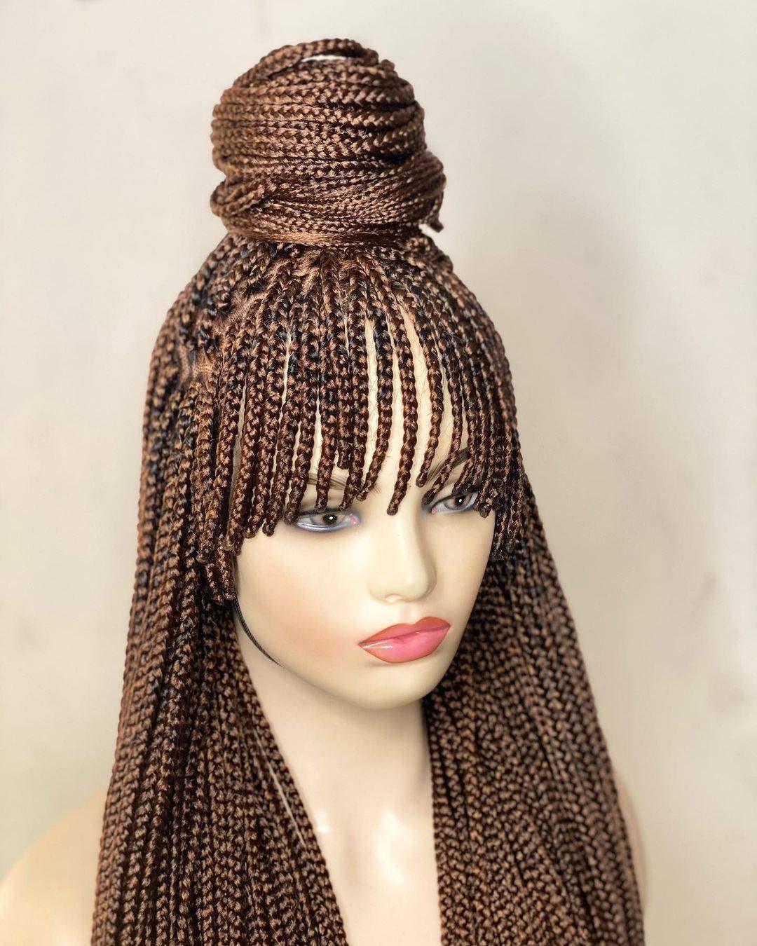 African Box Braid wigs with Bang made on a 13 by 6 Lace Front Wig Color 30, 30 Inches Long