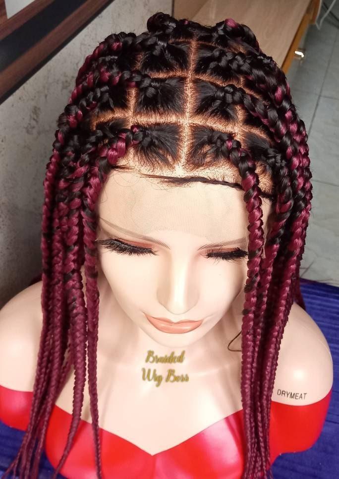 Box Braid wig on Full Lace Wig 30 Inches for Black Women Burgundy Color 900
