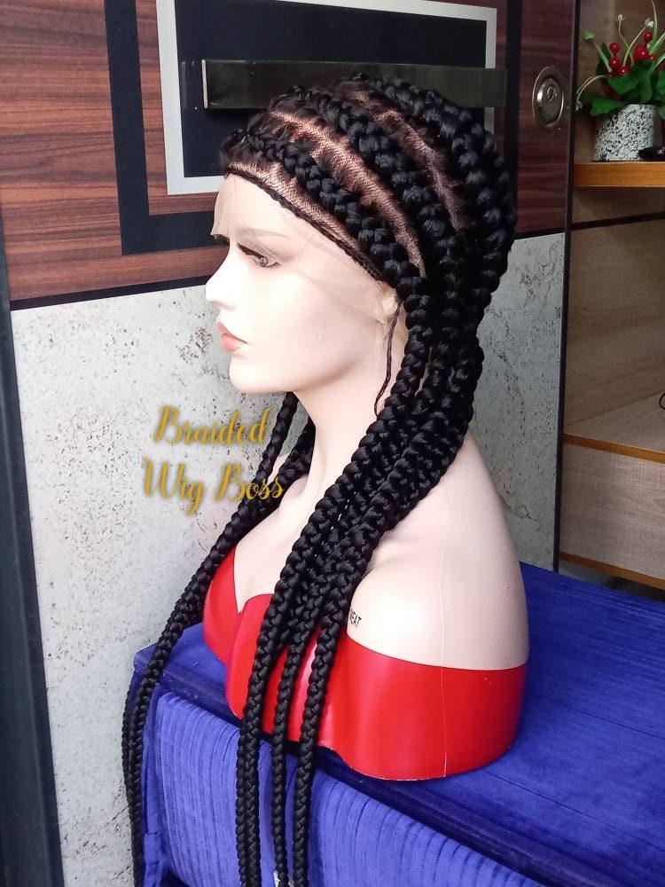 Stitch in Cornrow braided lace wig, box braid full lace wig, full lace braided wig, box braid 34 inches lace front wig, long wig, cornrow wigs for black women - BRAIDED WIG BOSS