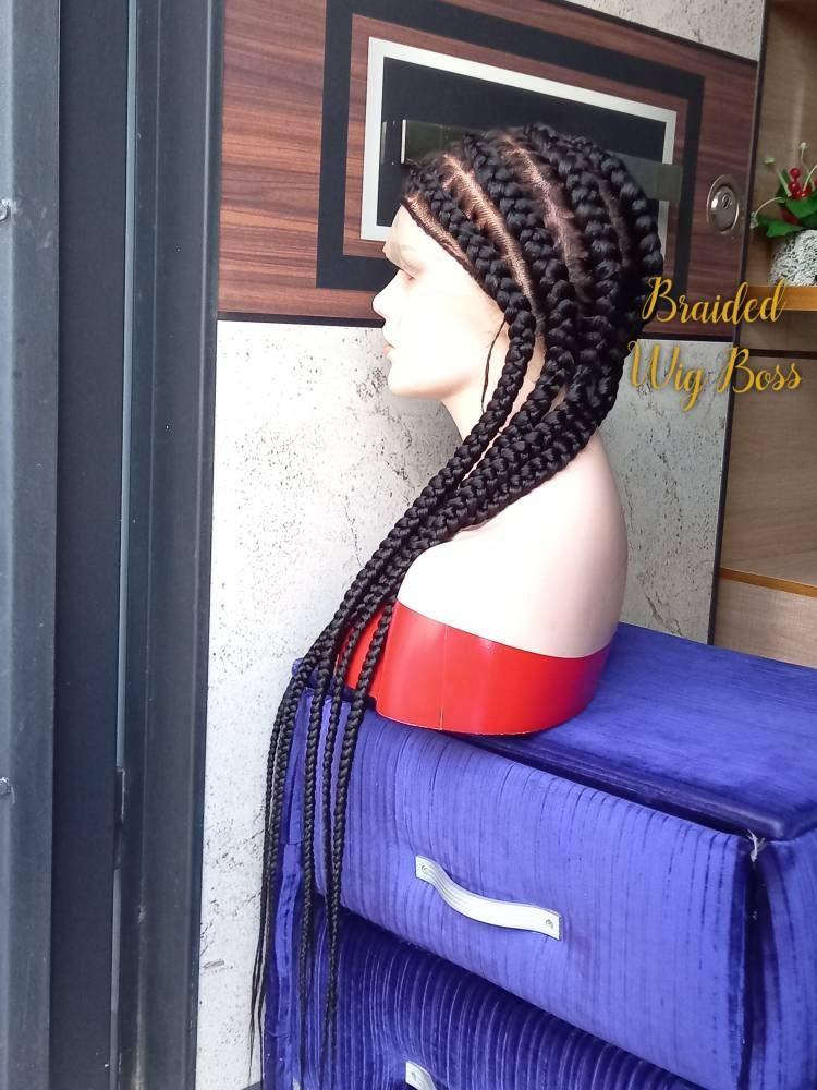 Stitch in Cornrow braided lace wig, box braid full lace wig, full lace braided wig, box braid 34 inches lace front wig, long wig, cornrow wigs for black women - BRAIDED WIG BOSS