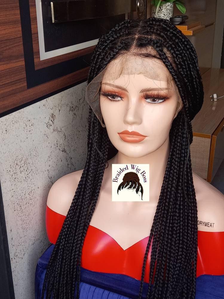 Black Knotless braided wig ON 13 by 6 Lace Front Braided Lace Wig, 34 Inches - BRAIDED WIG BOSS