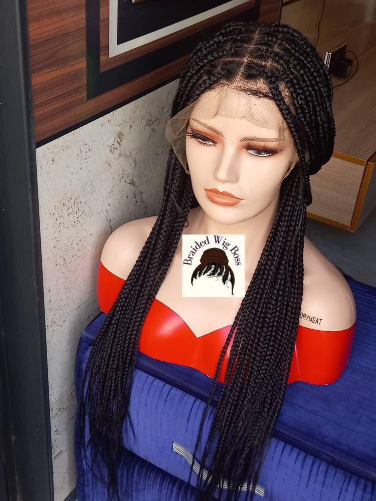 Black Knotless braided wig ON 13 by 6 Lace Front Braided Lace Wig, 34 Inches - BRAIDED WIG BOSS