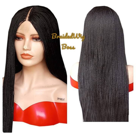 Ready to ship 28 inches micro twist wig centre part Knotless box braids wig for black women cornrows wig cornrow wigs micro braids faux loc - BRAIDED WIG BOSS