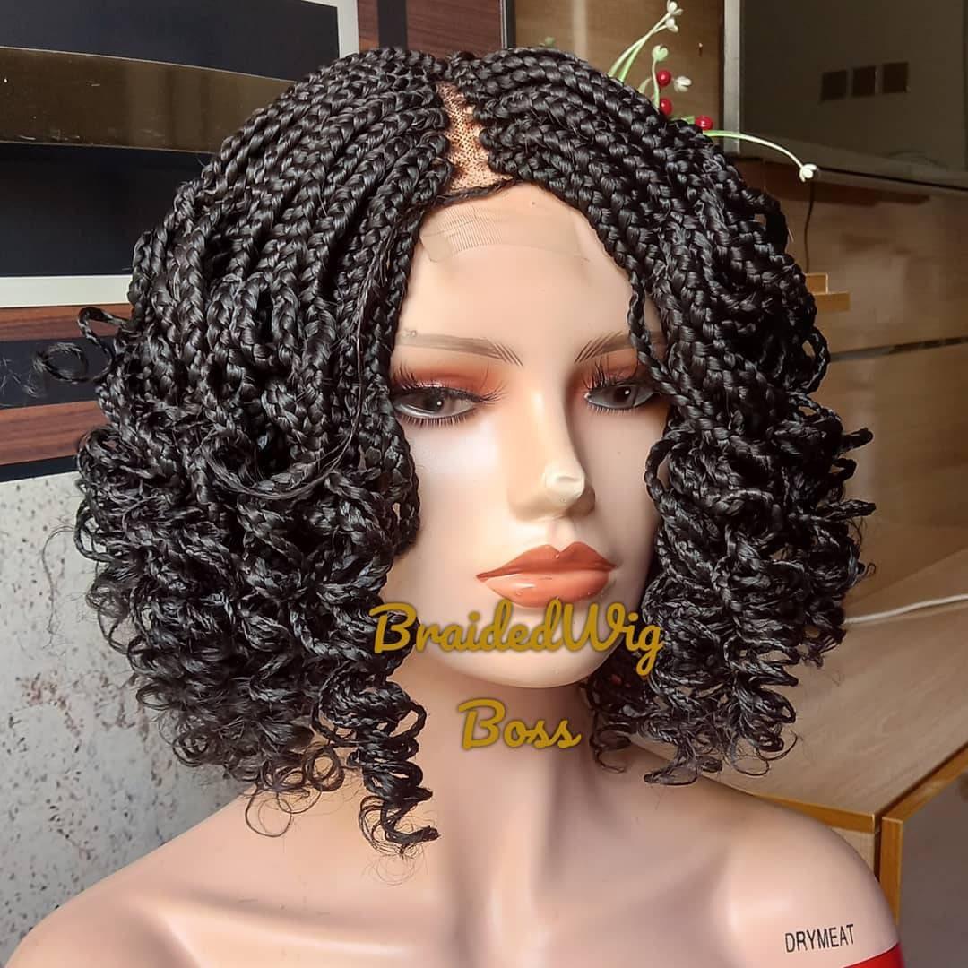 Short Curly braided wig on a 2 by 4 closure  Medium box braids wig for black women cornrows wig faux locs dreadlocks lace frontal wig
