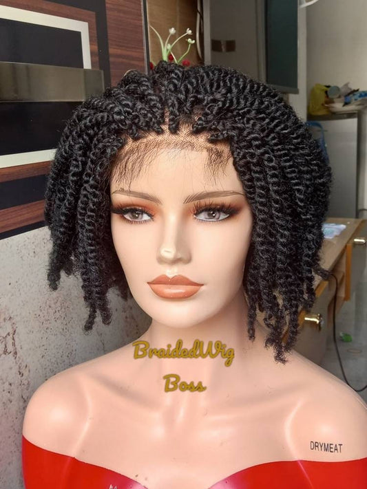 Short Kinky Curls Braided Wig for Black Women on 4*4 Lace Front Handmade Quality Synthetic Hair Crochet Wig, Natural-Looking Protective - BRAIDED WIG BOSS