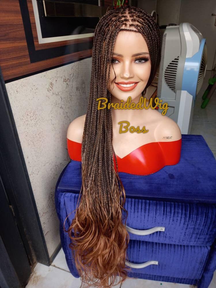 Spanish bouncy curls knotless braided wig on full lace wig, braided lace front wigs for black women, human hair braided wigs