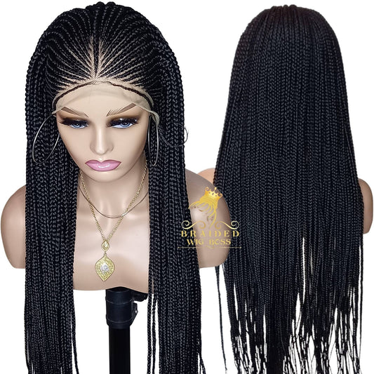 Cornrow wig on 13 by 5 lace front wig color 1, 30 inches, African braided lace wig for black women - BRAIDED WIG BOSS