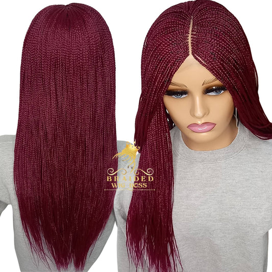 Micro braid wig on 2 by 4 lace front color 900 burgundy 20 inches, Short Synthetic Braid Wig for Black Women - BRAIDED WIG BOSS