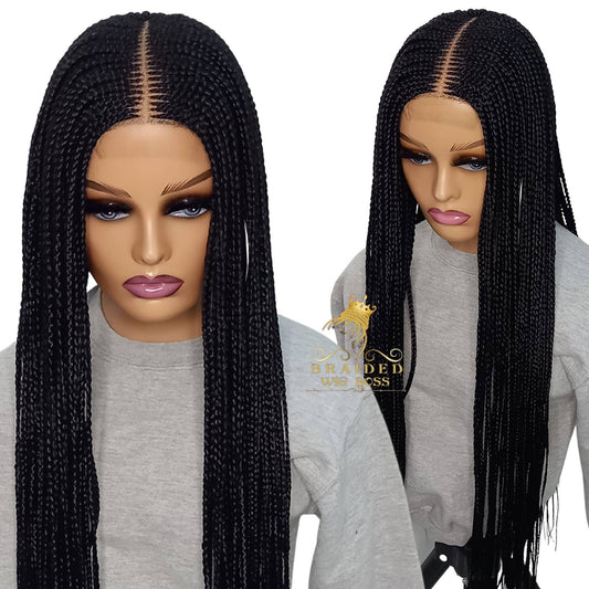 Cornrow braided wig on 2 by 6 Kim K closure lace front for women 32 inches long Long Light Weight Box Braid Wig for Black Women - BRAIDED WIG BOSS