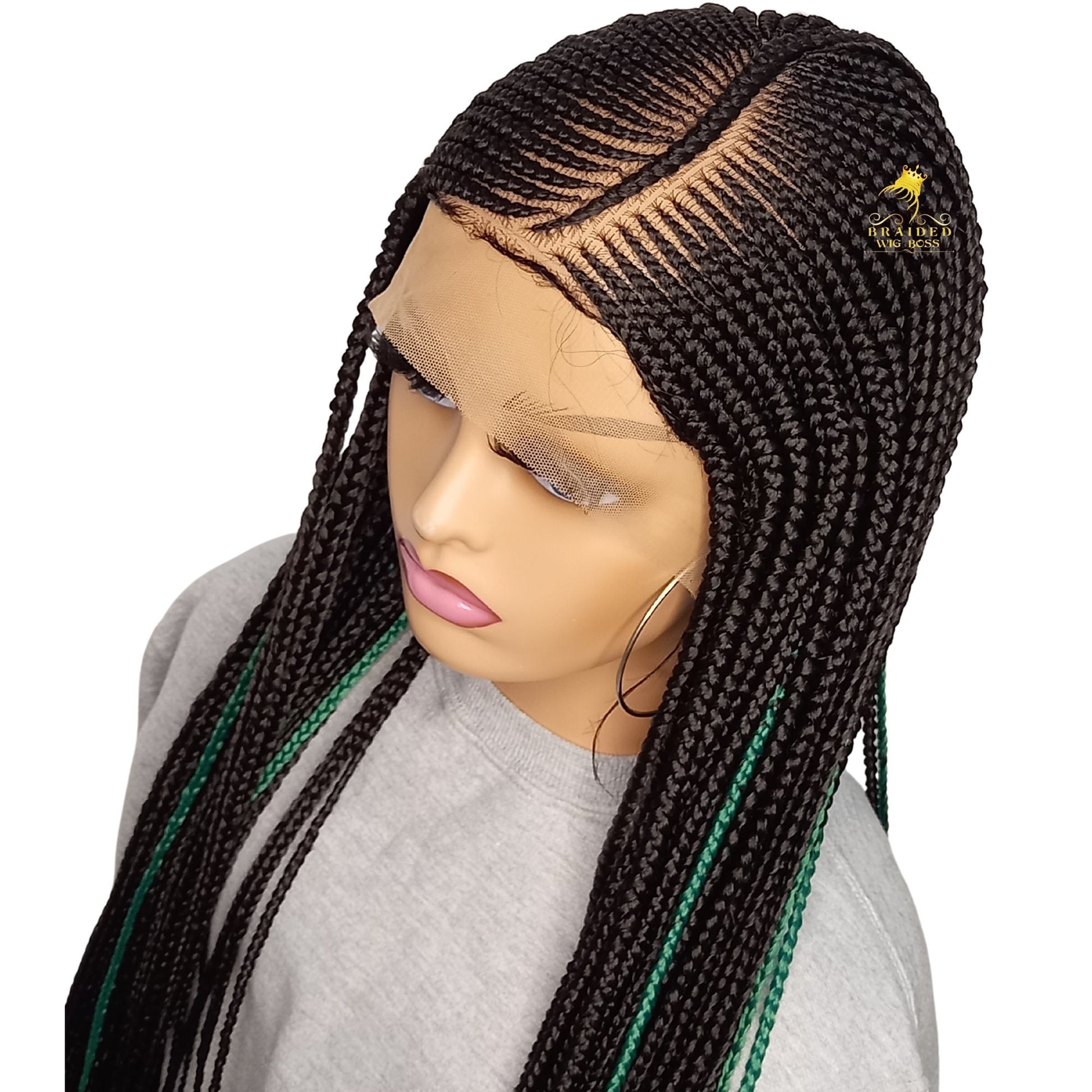 Black Women's Fulani Braid Cornrow Wig 13x6 Braided Lace Front Wig Ghana weaving braided wig Color 2 & touch of Green Synthetic braided wig - BRAIDED WIG BOSS