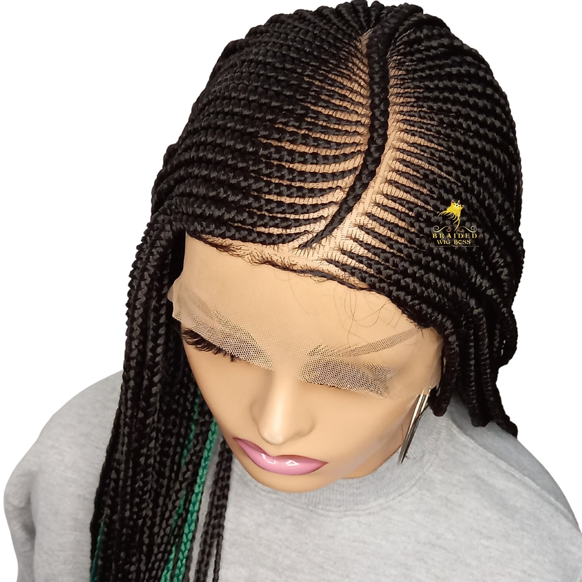 Black Women's Fulani Braid Cornrow Wig 13x6 Braided Lace Front Wig Ghana weaving braided wig Color 2 & touch of Green Synthetic braided wig - BRAIDED WIG BOSS