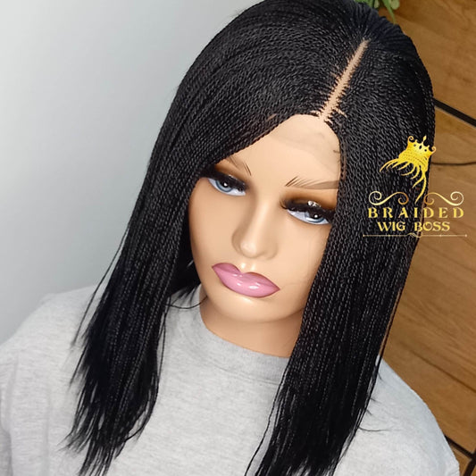 12" Short Micro Twist Braided Wig on 2*4 Lace Front Left Side Parting Available in Other Colors Tiny Synthetic Twisted Wigs for Black Women - BRAIDED WIG BOSS