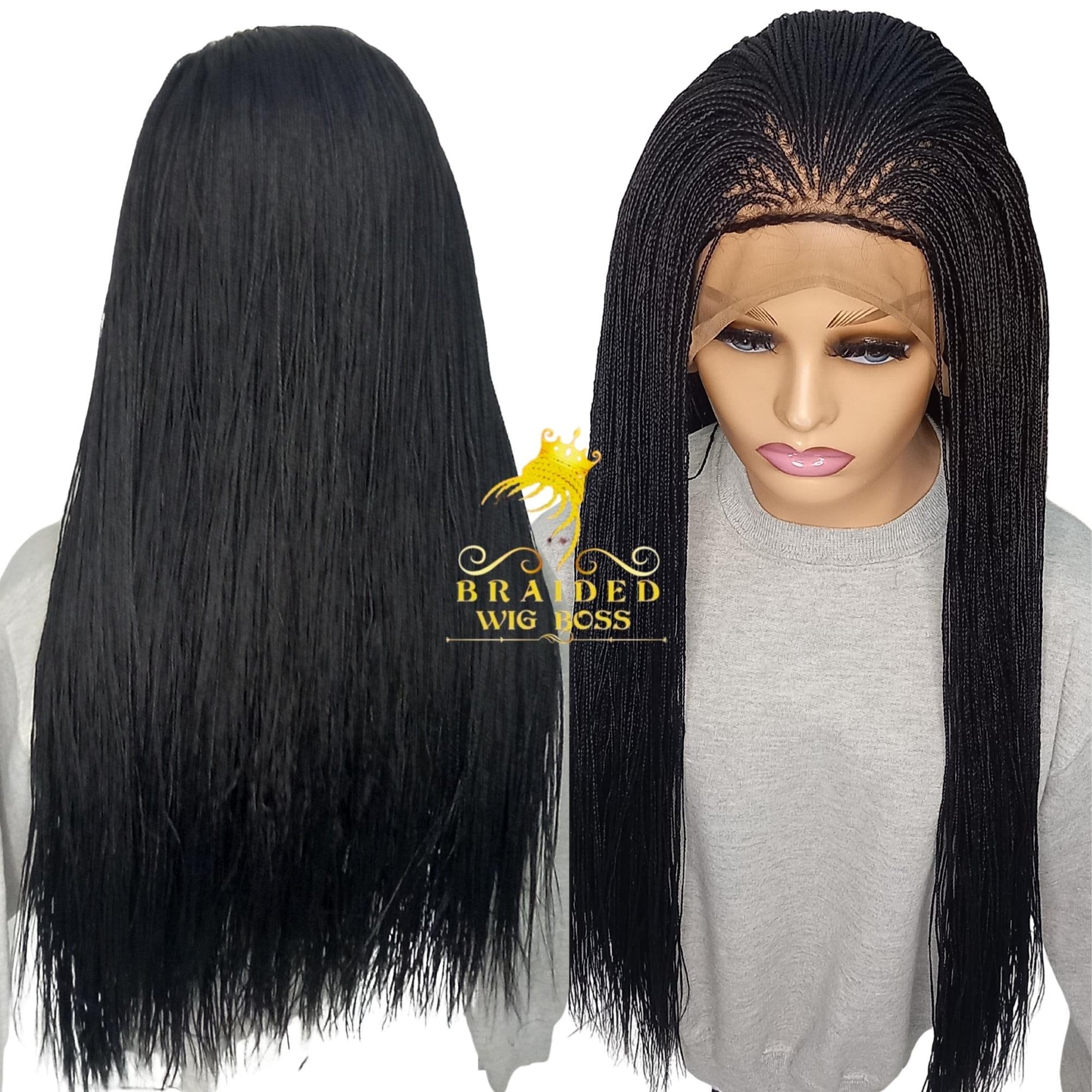 Box Braided Human Hair Micro Braids Style Lace Front Natural Color