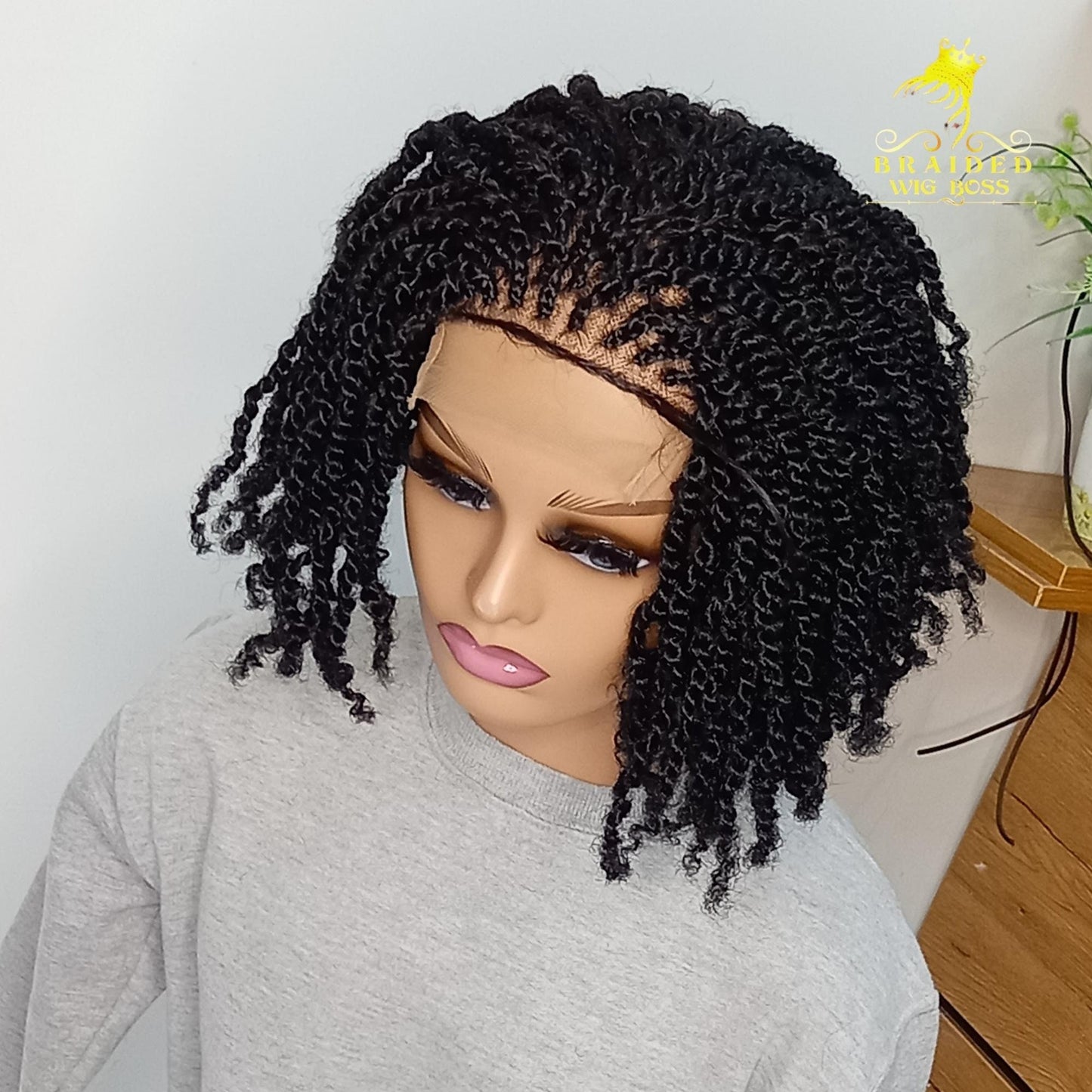 Kinky Crochet Braids Twist Wig On a 4 By 4 Braided Lace Front 8-10 inches Afro Braids Curly Handmade Glueless Braided Wig for Black Women